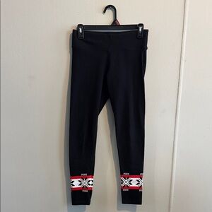 PINK Victoria's Secret Black Leggings with Red & White Fair Isle Cuff